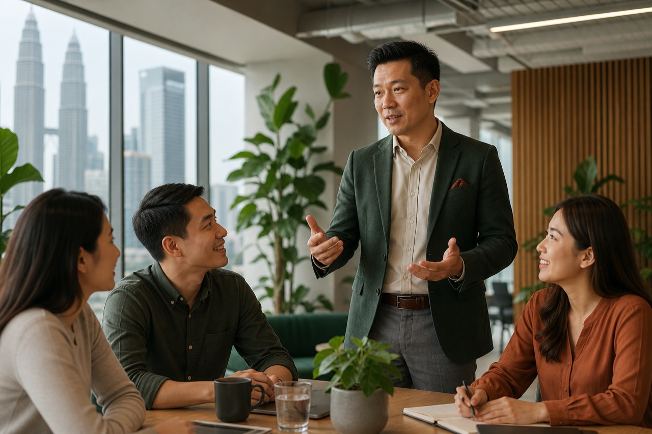 An Asian professional presenting confidently to a working group